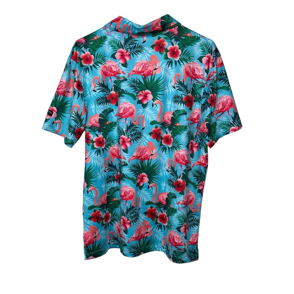 Yatta Polo Golf Shirt Mens MEDIUM Pau Hana Blue Performance Flamingo Hawaiian - Picture 5 of 7